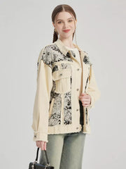 Casual Turndown Collar Two-Tone Floral Printed Denim Jacket