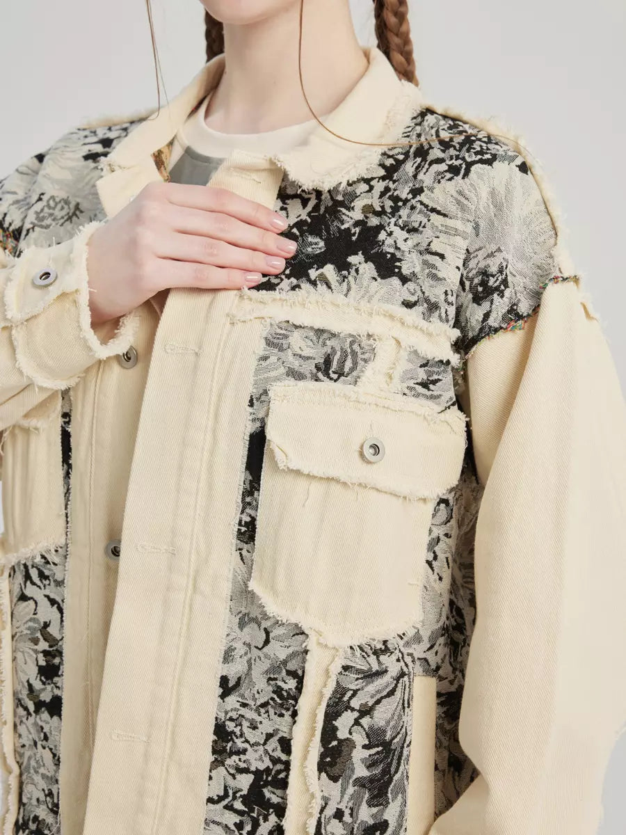 Casual Turndown Collar Two-Tone Floral Printed Denim Jacket