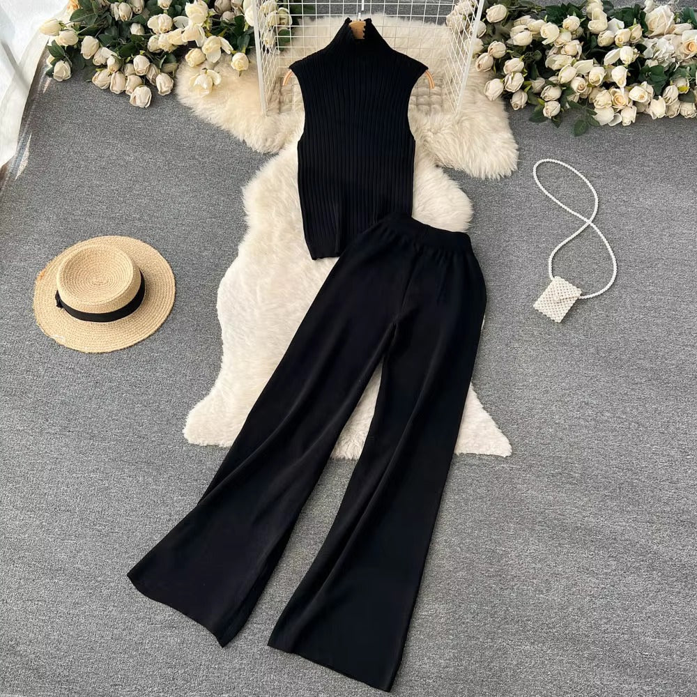 Casual Turtleneck Knitted Cardigan Coat And Pant 3 Piece Set
