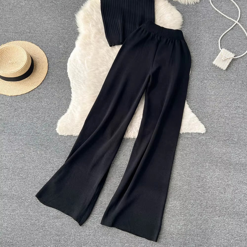 Casual Turtleneck Knitted Cardigan Coat And Pant 3 Piece Set