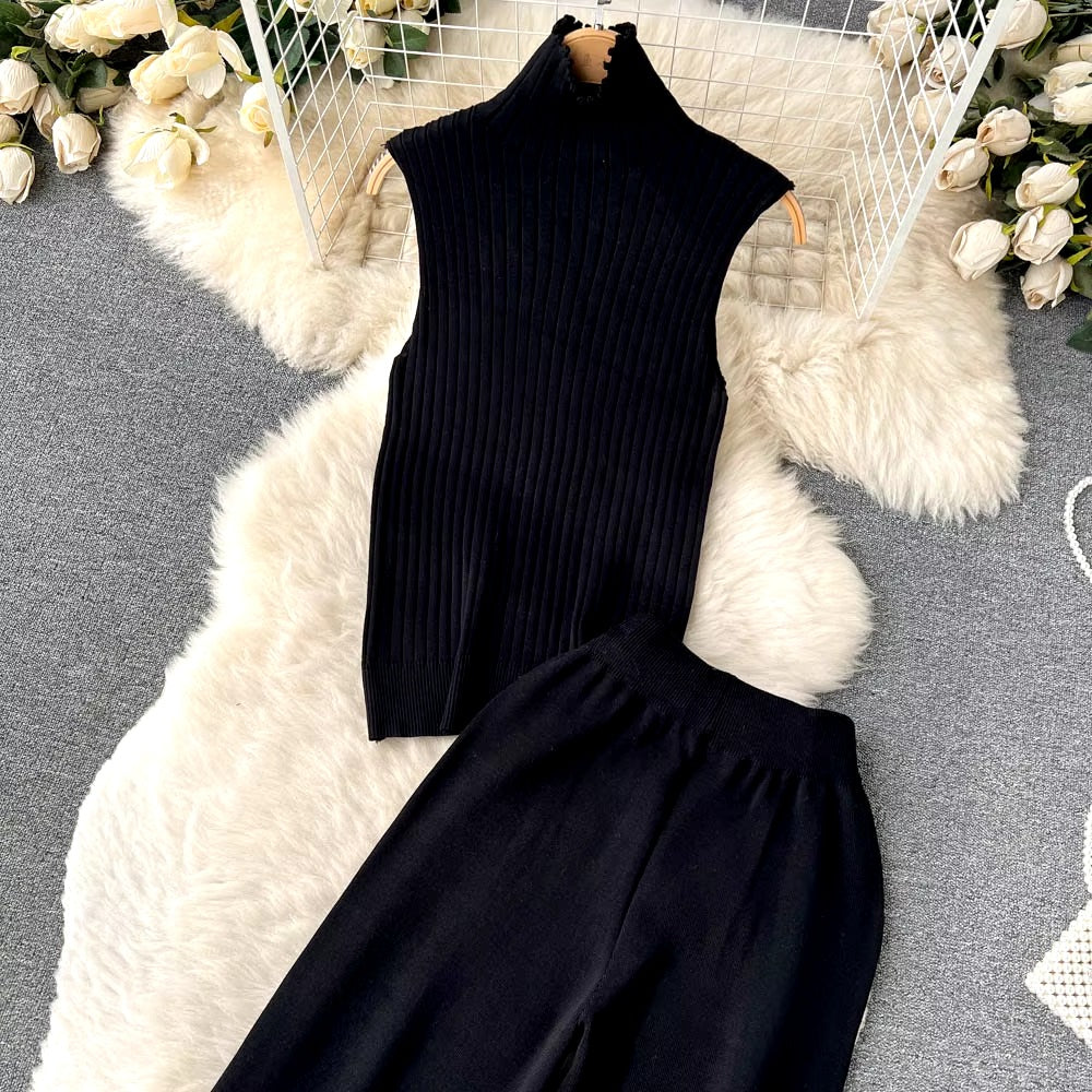 Casual Turtleneck Knitted Cardigan Coat And Pant 3 Piece Set