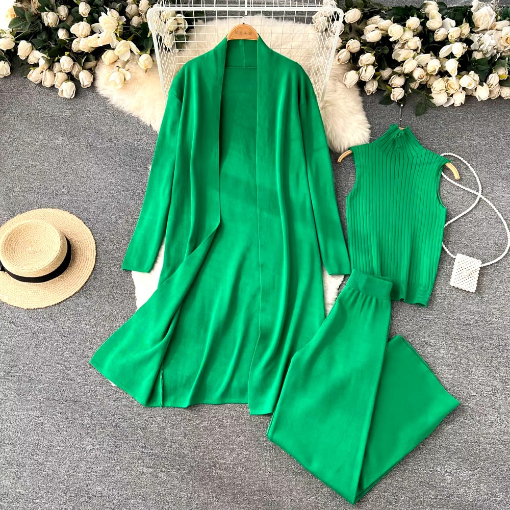Casual Turtleneck Knitted Cardigan Coat And Pant 3 Piece Set