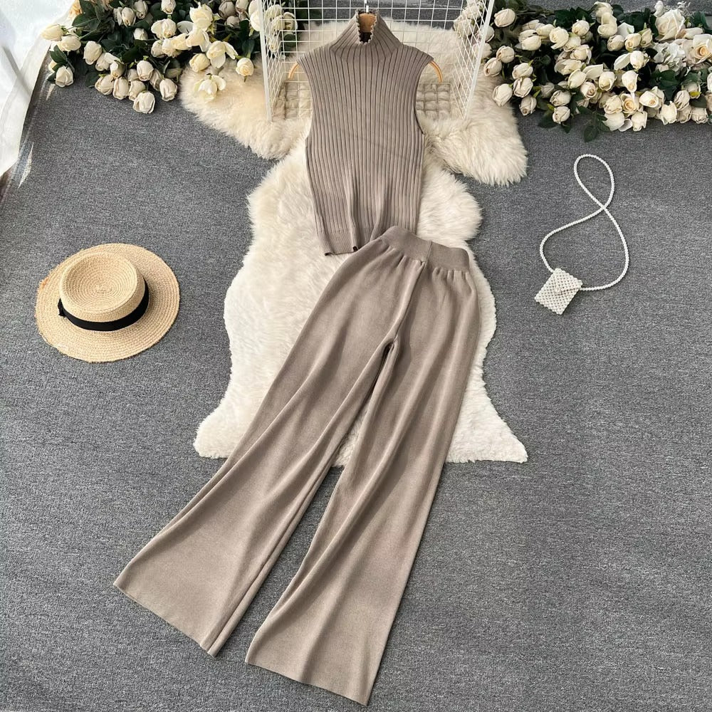 Casual Turtleneck Knitted Cardigan Coat And Pant 3 Piece Set