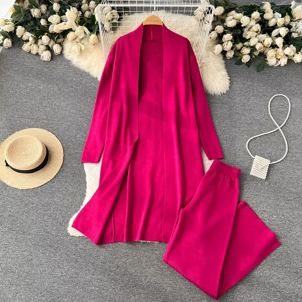 Casual Turtleneck Knitted Cardigan Coat And Pant 3 Piece Set