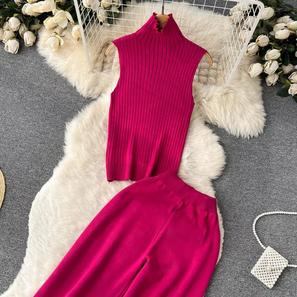 Casual Turtleneck Knitted Cardigan Coat And Pant 3 Piece Set