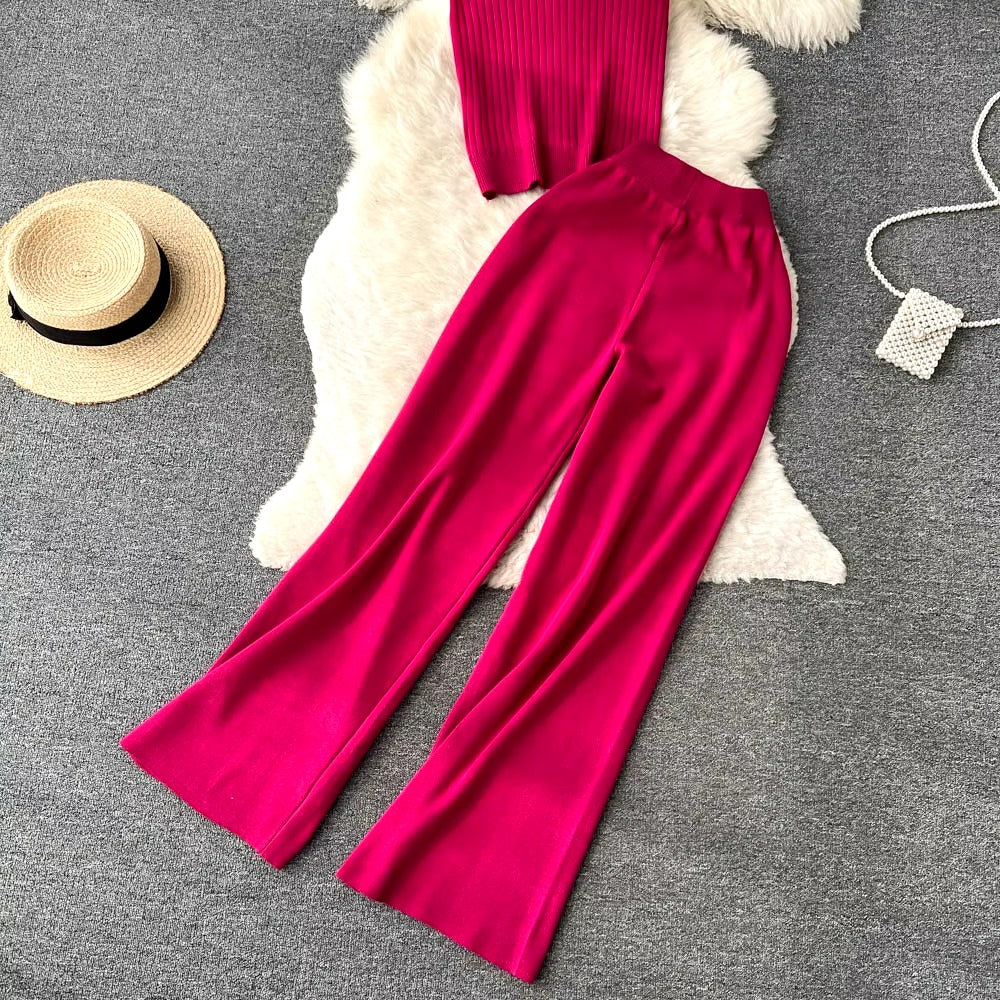 Casual Turtleneck Knitted Cardigan Coat And Pant 3 Piece Set