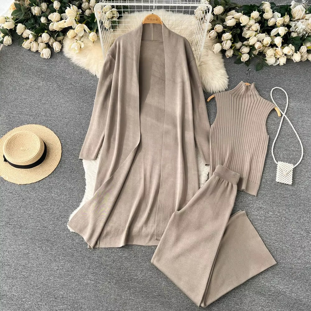 Casual Turtleneck Knitted Cardigan Coat And Pant 3 Piece Set