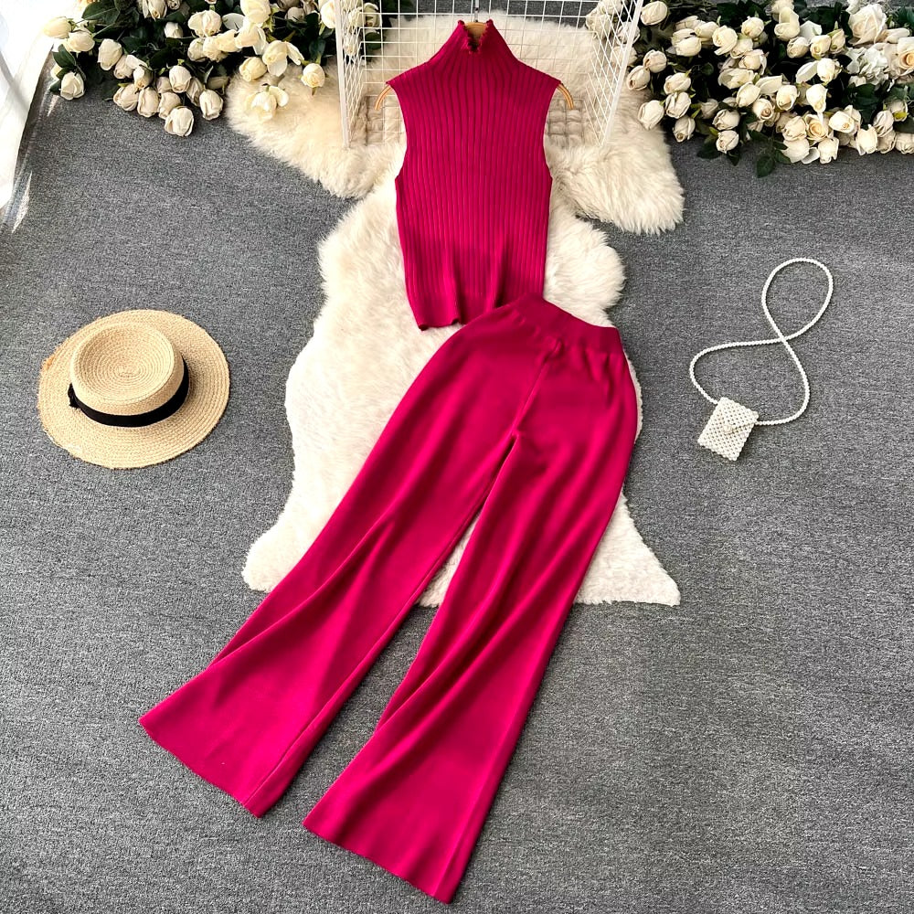 Casual Turtleneck Knitted Cardigan Coat And Pant 3 Piece Set