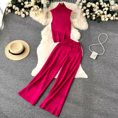 Casual Turtleneck Knitted Cardigan Coat And Pant 3 Piece Set
