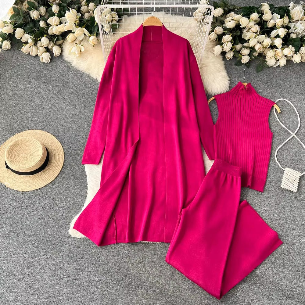Casual Turtleneck Knitted Cardigan Coat And Pant 3 Piece Set