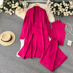 Casual Turtleneck Knitted Cardigan Coat And Pant 3 Piece Set