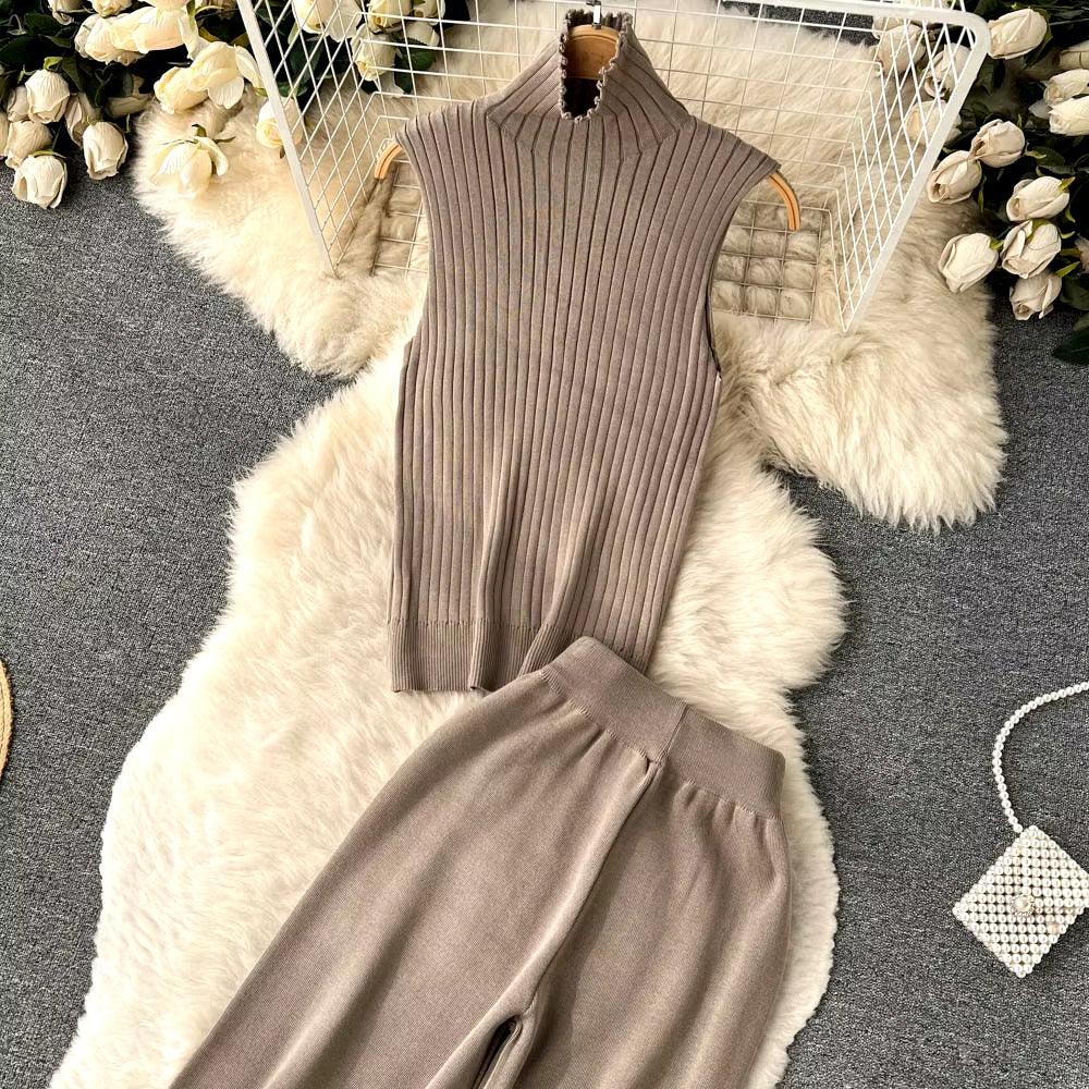 Casual Turtleneck Knitted Cardigan Coat And Pant 3 Piece Set