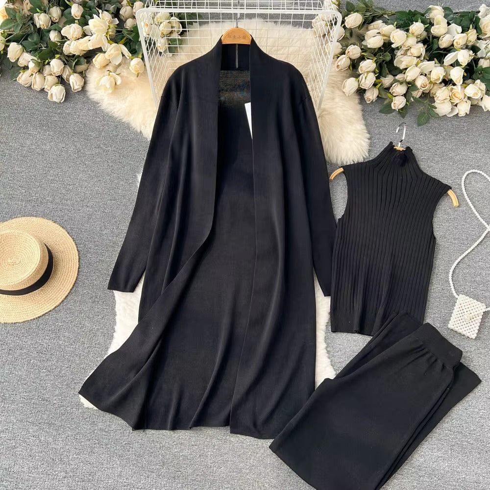 Casual Turtleneck Knitted Cardigan Coat And Pant 3 Piece Set