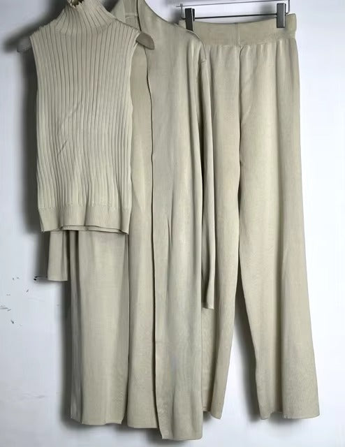 Casual Turtleneck Knitted Cardigan Coat And Pant 3 Piece Set