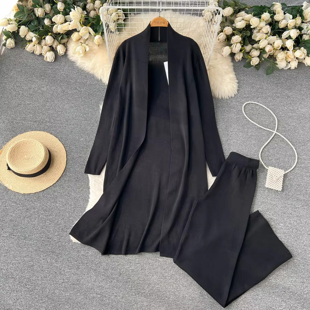 Casual Turtleneck Knitted Cardigan Coat And Pant 3 Piece Set