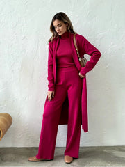 Casual Turtleneck Knitted Cardigan Coat And Pant 3 Piece Set
