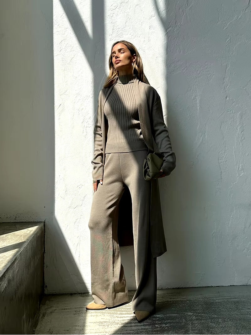 Casual Turtleneck Knitted Cardigan Coat And Pant 3 Piece Set