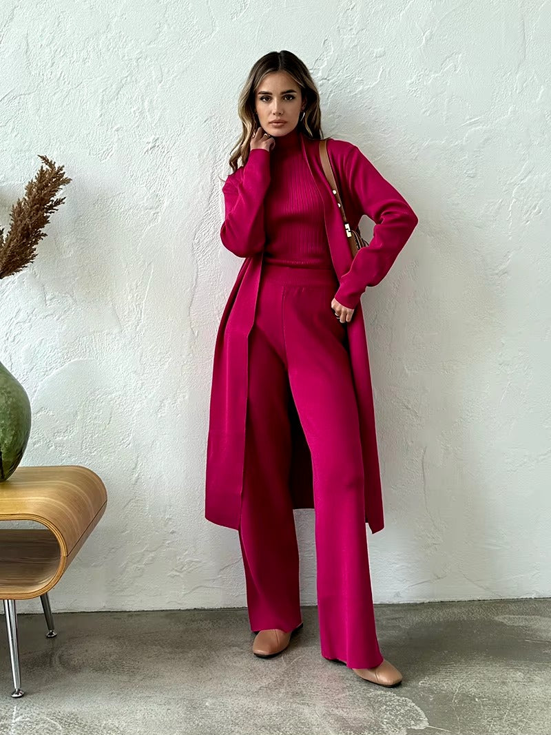 Casual Turtleneck Knitted Cardigan Coat And Pant 3 Piece Set