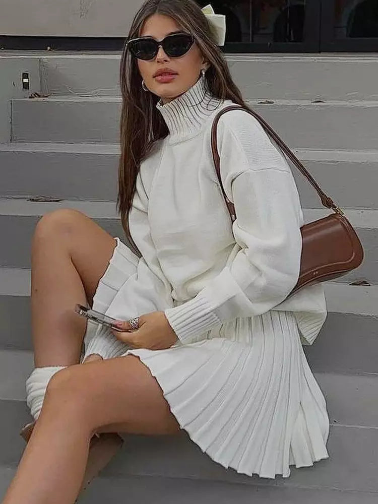 Casual Turtleneck Sweater And Pleated Skirt Two Piece Set