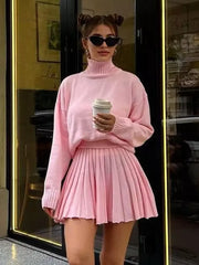 Casual Turtleneck Sweater And Pleated Skirt Two Piece Set