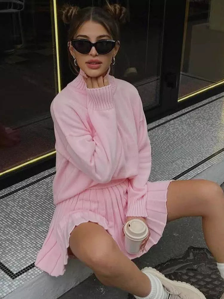 Casual Turtleneck Sweater And Pleated Skirt Two Piece Set