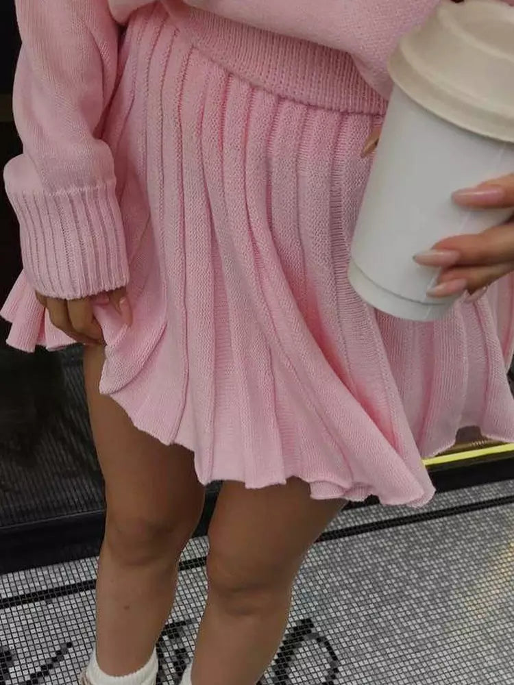 Casual Turtleneck Sweater And Pleated Skirt Two Piece Set