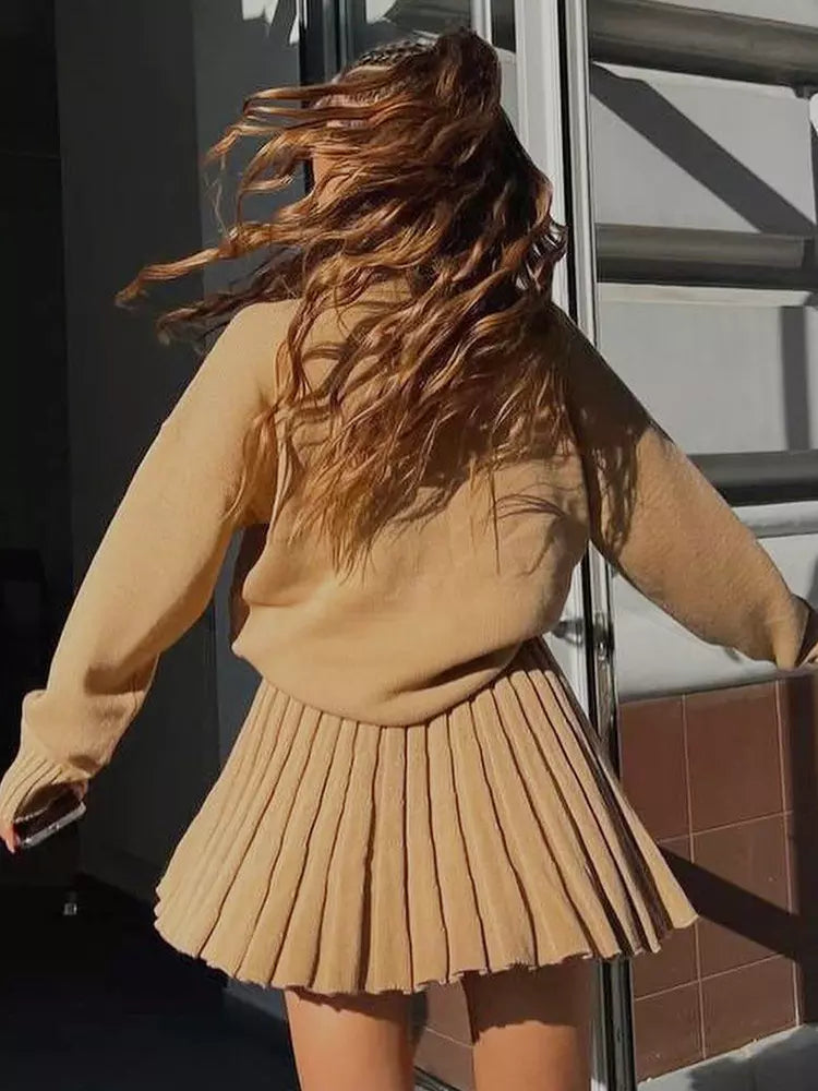Casual Turtleneck Sweater And Pleated Skirt Two Piece Set