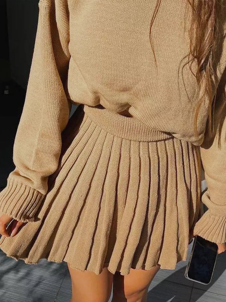 Casual Turtleneck Sweater And Pleated Skirt Two Piece Set