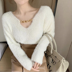 Casual V-Neck Chain Knit Long Sleeved Loose Short Sweater