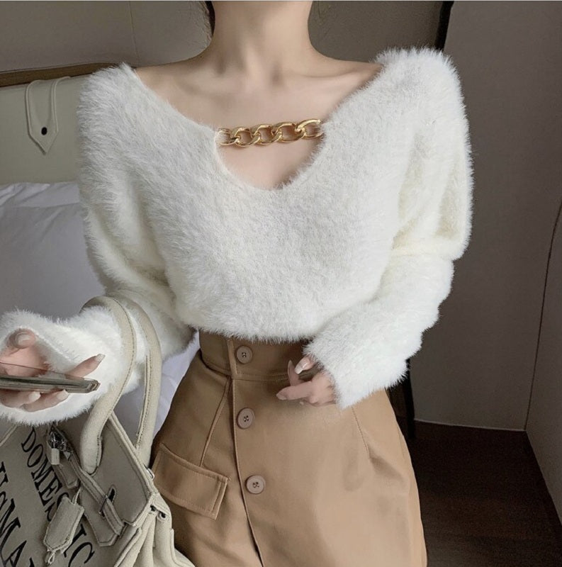 Casual V-Neck Chain Knit Long Sleeved Loose Short Sweater