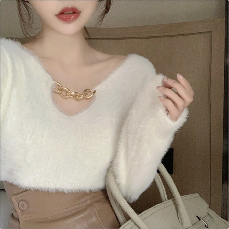 Casual V-Neck Chain Knit Long Sleeved Loose Short Sweater