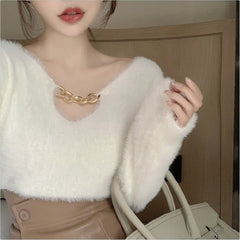Casual V-Neck Chain Knit Long Sleeved Loose Short Sweater