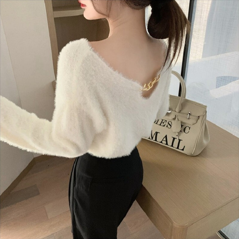 Casual V-Neck Chain Knit Long Sleeved Loose Short Sweater