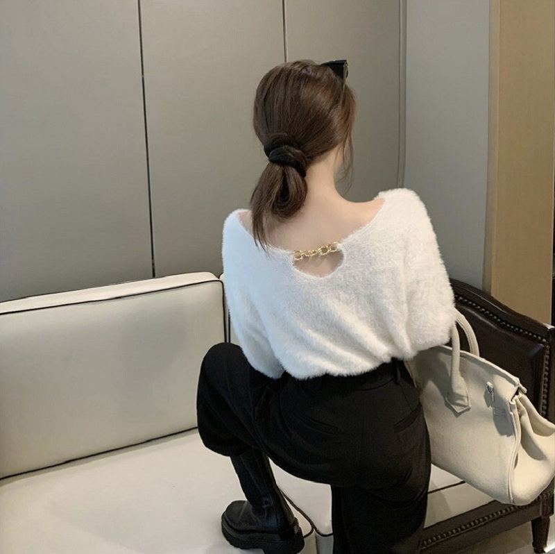 Casual V-Neck Chain Knit Long Sleeved Loose Short Sweater