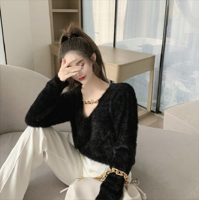 Casual V-Neck Chain Knit Long Sleeved Loose Short Sweater
