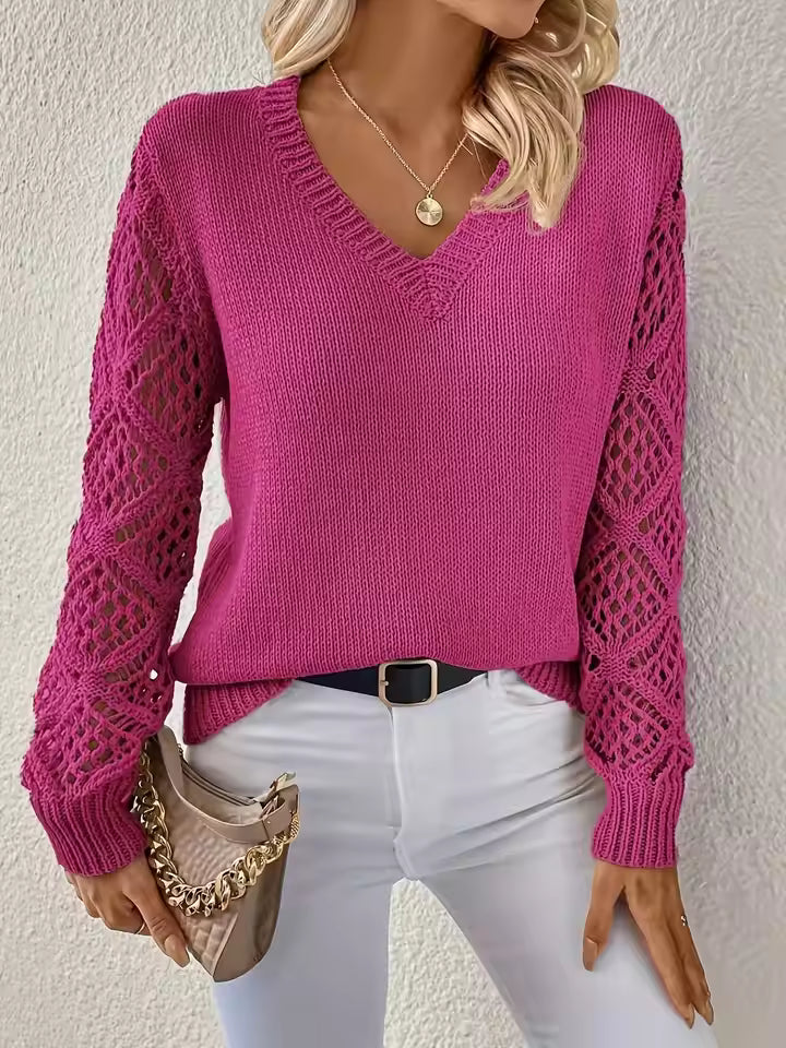 Casual V-Neck Knit Pullover Loose Fit Knit Slight Stretch Sweater