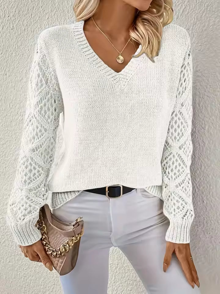 Casual V-Neck Knit Pullover Loose Fit Knit Slight Stretch Sweater