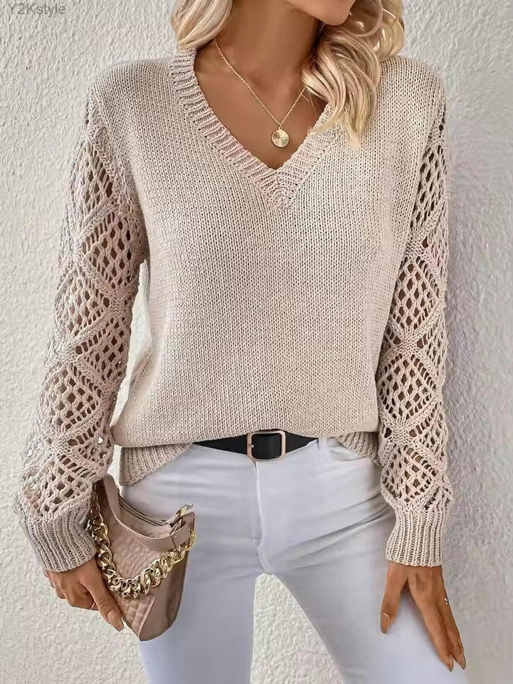 Casual V-Neck Knit Pullover Loose Fit Knit Slight Stretch Sweater