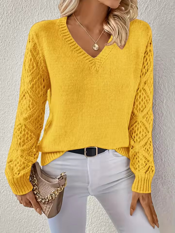 Casual V-Neck Knit Pullover Loose Fit Knit Slight Stretch Sweater