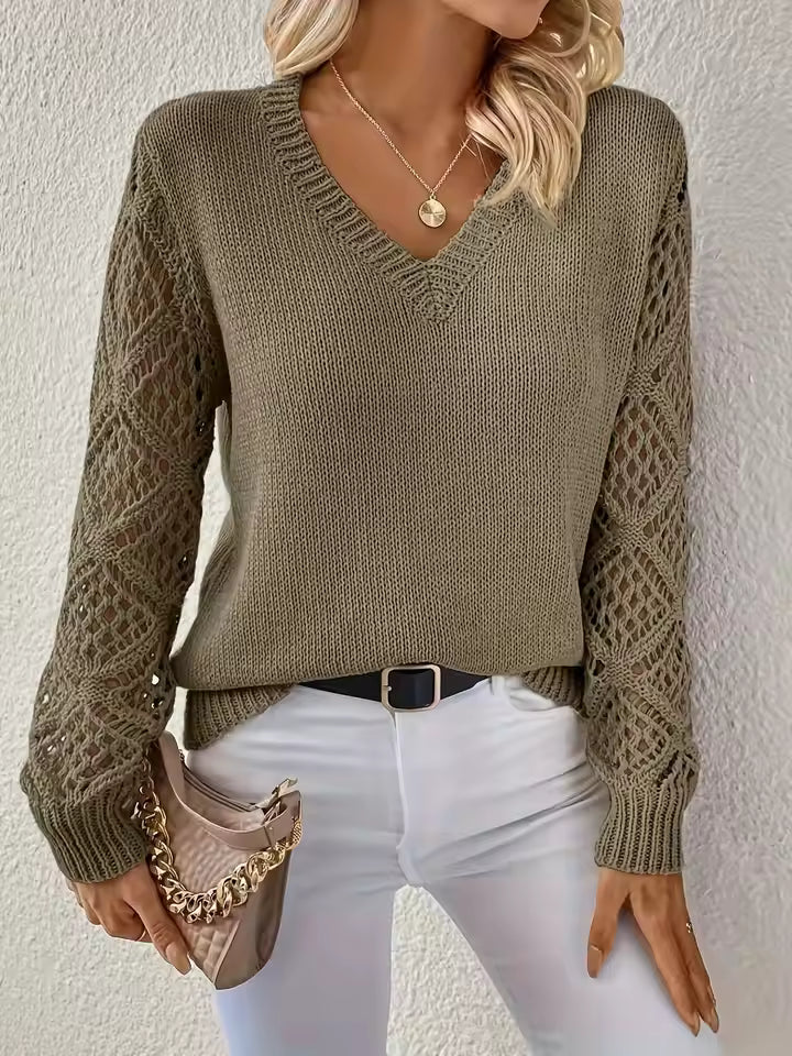 Casual V-Neck Knit Pullover Loose Fit Knit Slight Stretch Sweater