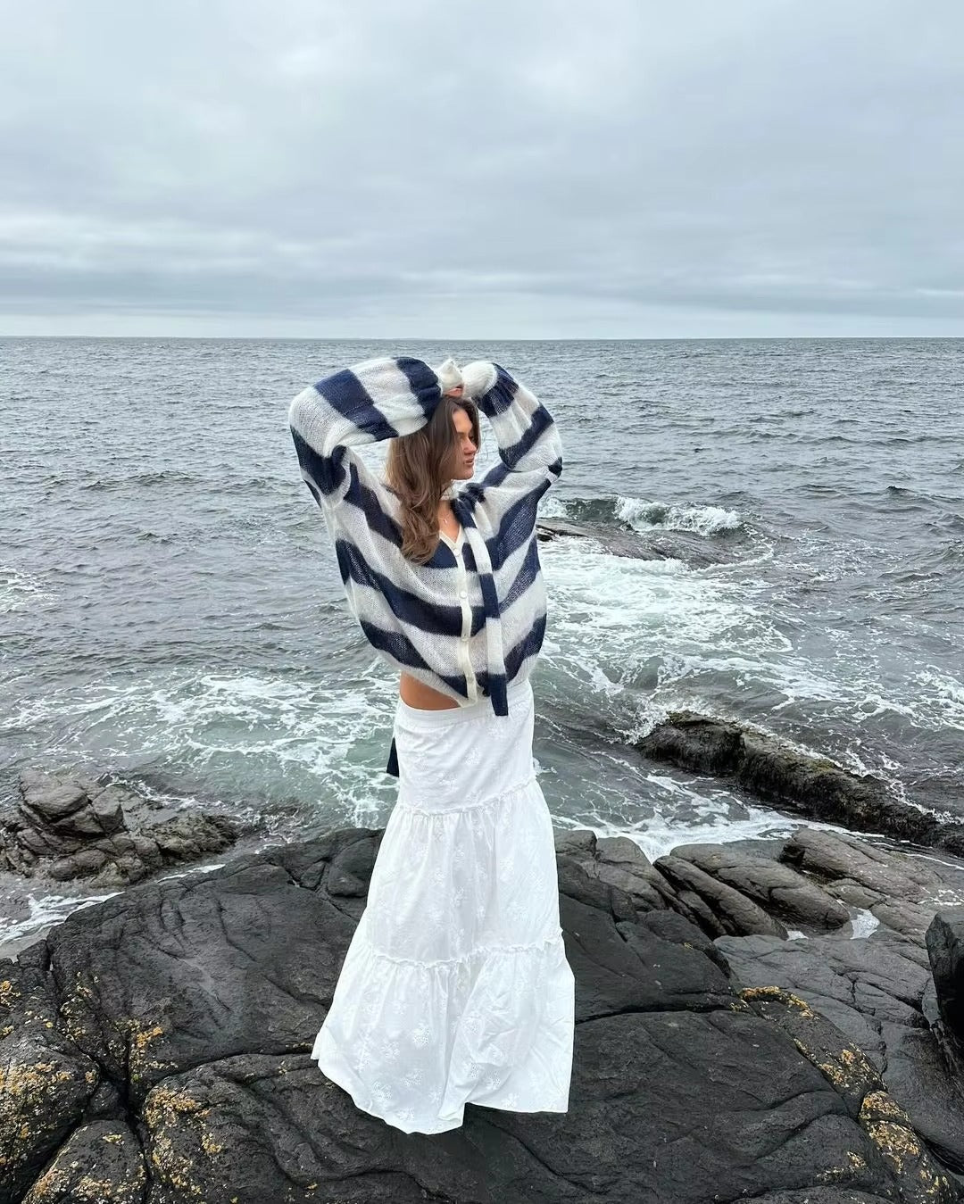 Casual V Neck Lantern Sleeved Striped Knit Cardigan With Scarf Sweater