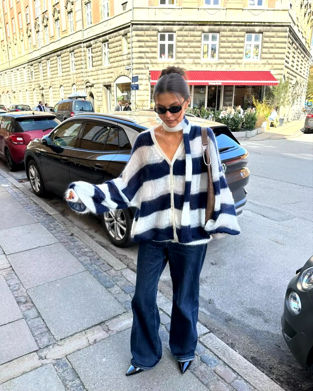 Casual V Neck Lantern Sleeved Striped Knit Cardigan With Scarf Sweater