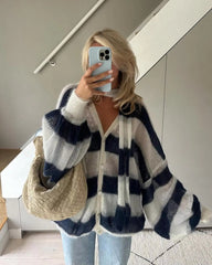 Casual V Neck Lantern Sleeved Striped Knit Cardigan With Scarf Sweater