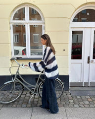Casual V Neck Lantern Sleeved Striped Knit Cardigan With Scarf Sweater
