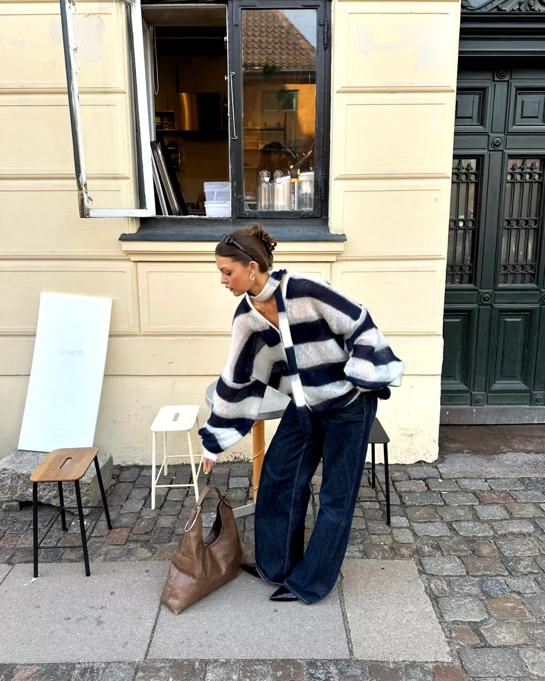 Casual V Neck Lantern Sleeved Striped Knit Cardigan With Scarf Sweater