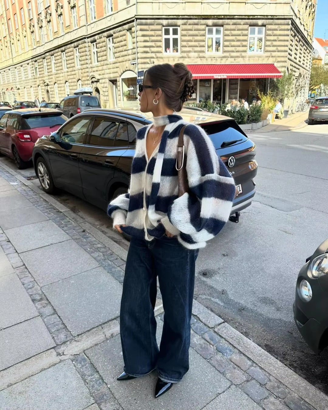 Casual V Neck Lantern Sleeved Striped Knit Cardigan With Scarf Sweater
