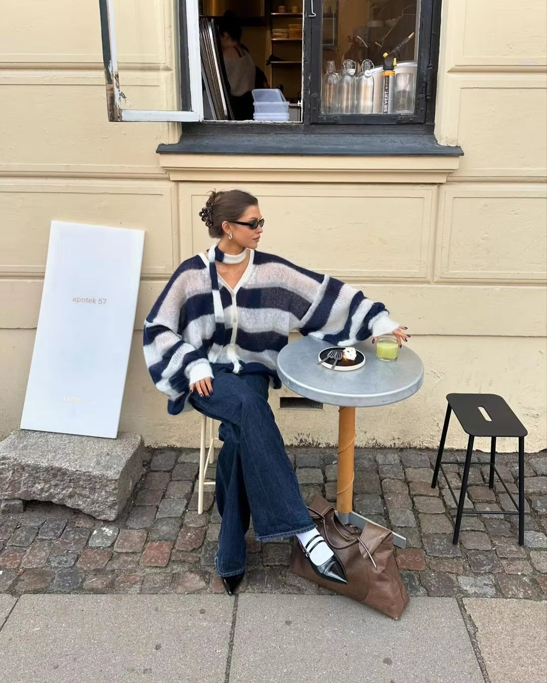 Casual V Neck Lantern Sleeved Striped Knit Cardigan With Scarf Sweater