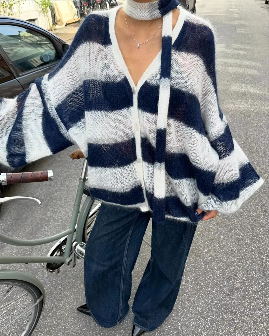 Casual V Neck Lantern Sleeved Striped Knit Cardigan With Scarf Sweater
