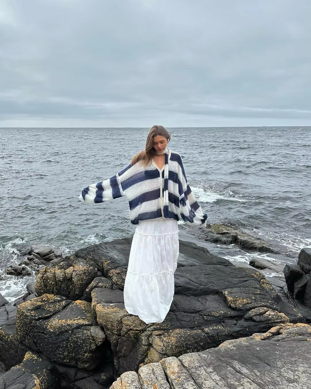 Casual V Neck Lantern Sleeved Striped Knit Cardigan With Scarf Sweater