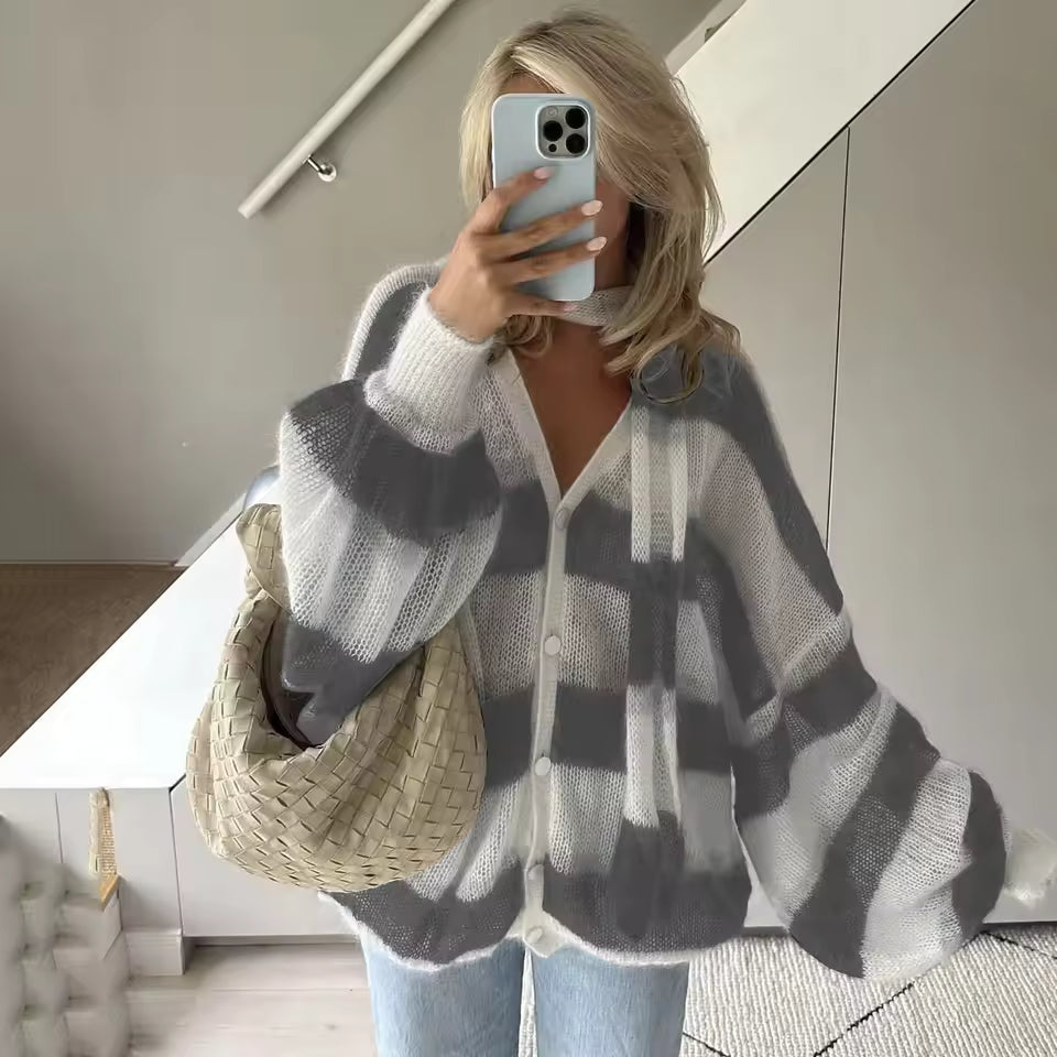 Casual V Neck Lantern Sleeved Striped Knit Cardigan With Scarf Sweater